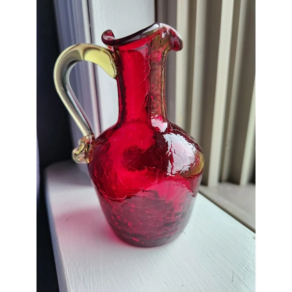 Vtg Pilgrim Handmade Crackle Ruby Red‎ Glass Gold Handled Pitcher Vase Sticker
